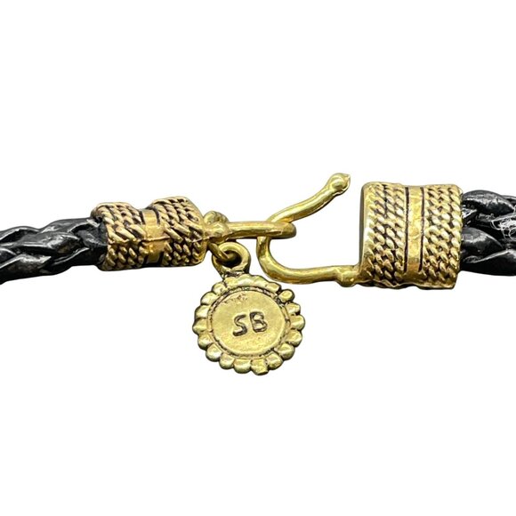 Braided Leather Bracelet With Ornate Gold-Toned Clasp & SB Logo Charm - Picture 3 of 4